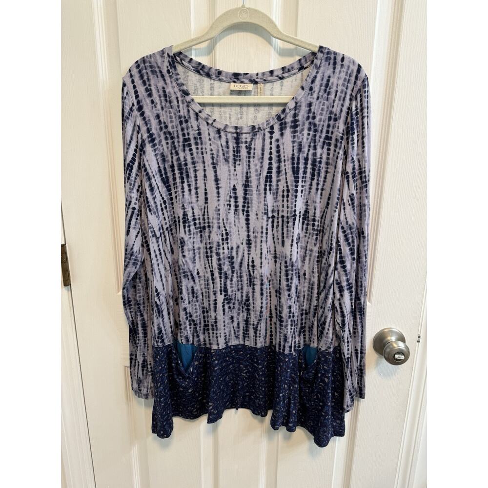 Logo XL Blue Purple Tunic Long Sleeve Scoop Neck Pockets Mixed Print Preowned